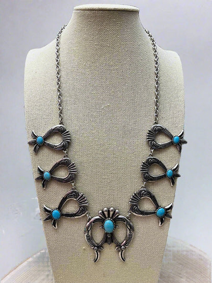 Western Squash Blossom Necklace & Earring Set with Faux Turquoise — 24 Inch Southwestern Set