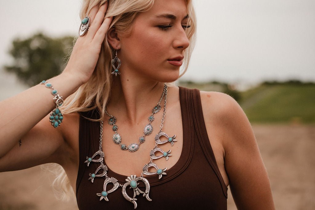 Western Squash Blossom Necklace & Earring Set with Faux Turquoise — 24 Inch Southwestern Set