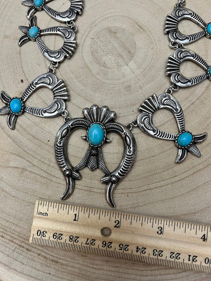 Squash Blossom and Faux Turquoise & Earring Set - 24 inch necklace