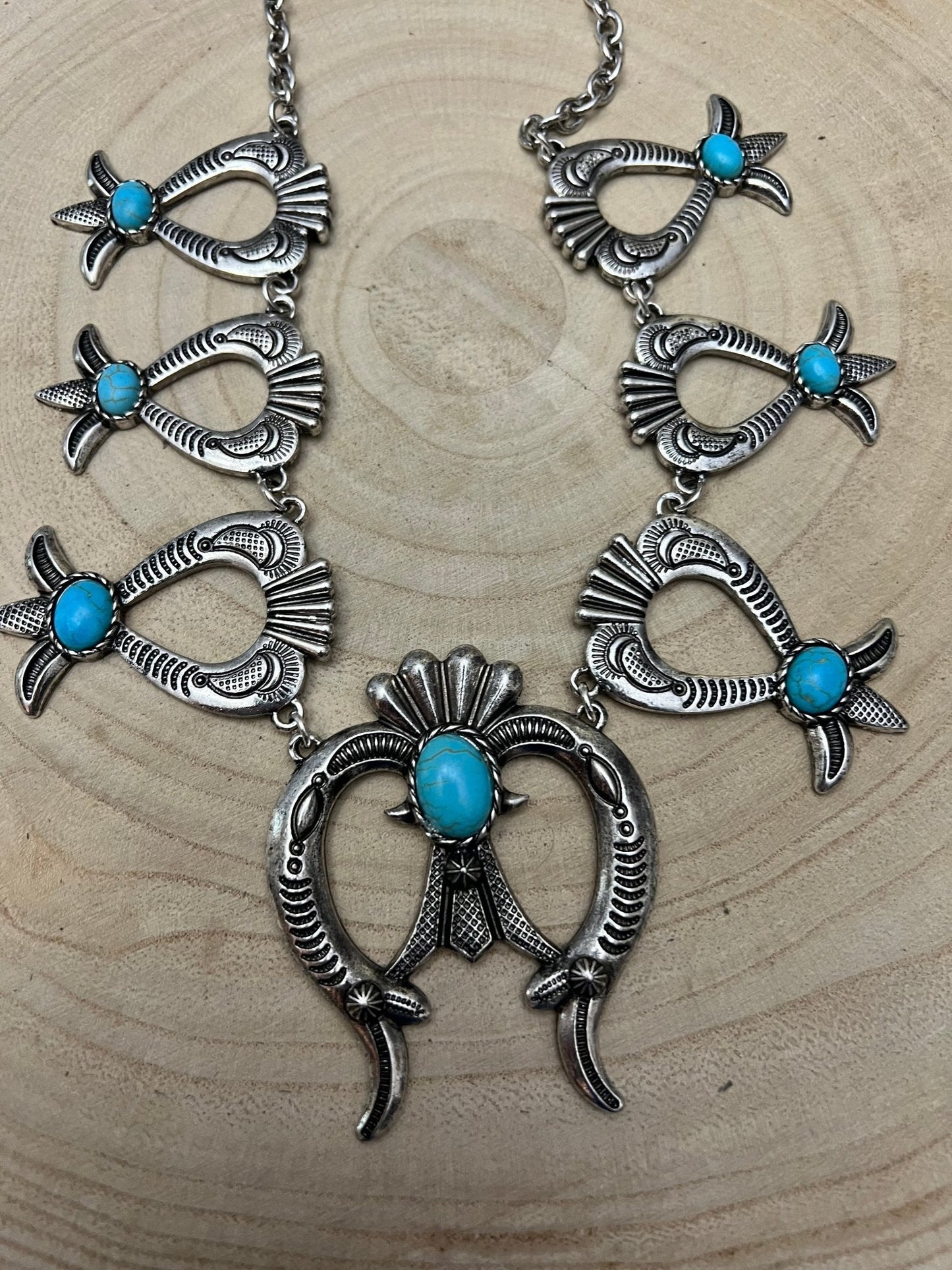 Western Squash Blossom Necklace & Earring Set with Faux Turquoise — 24 Inch Southwestern Set