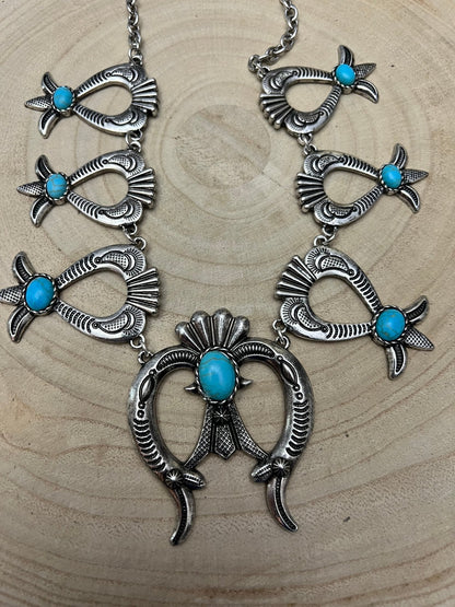 Western Squash Blossom Necklace & Earring Set with Faux Turquoise — 24 Inch Southwestern Set