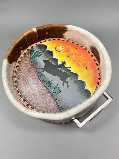 Tooled Leather & Painted Tray - Sunset Bull Rider