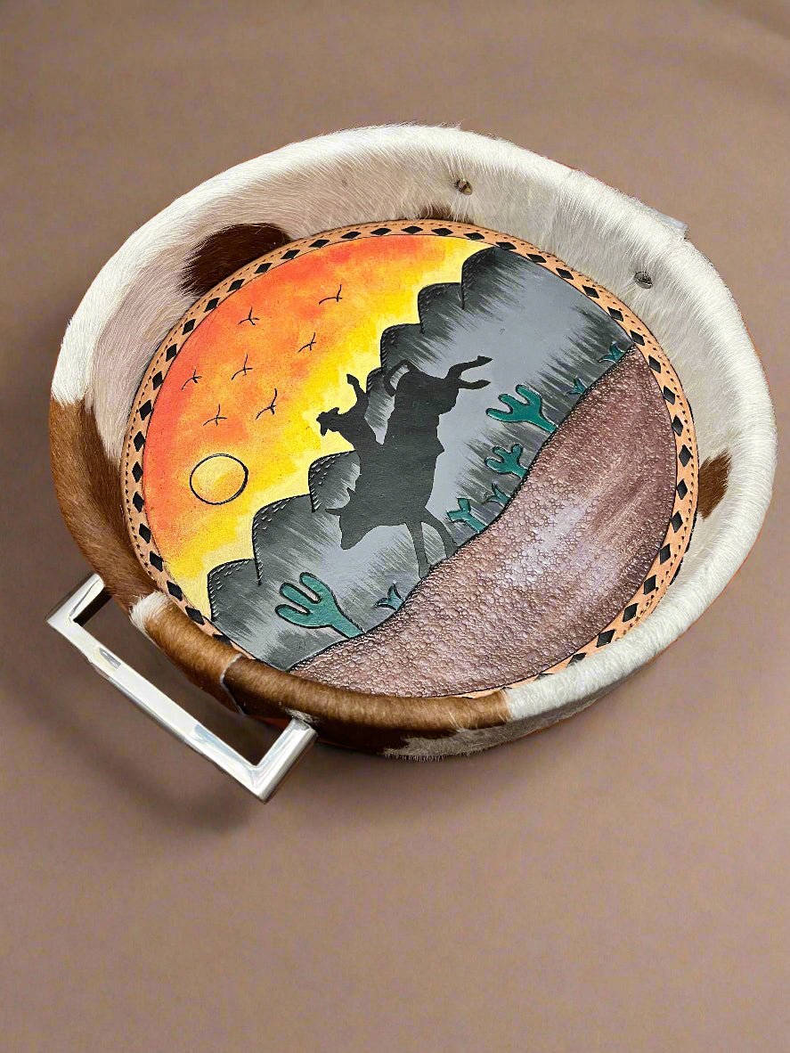 Tooled Leather & Painted Tray - Sunset Bull Rider