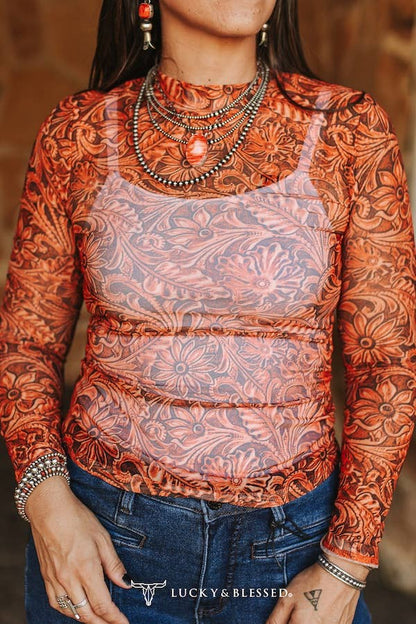Tooled Long Sleeve Mesh Top - small remains