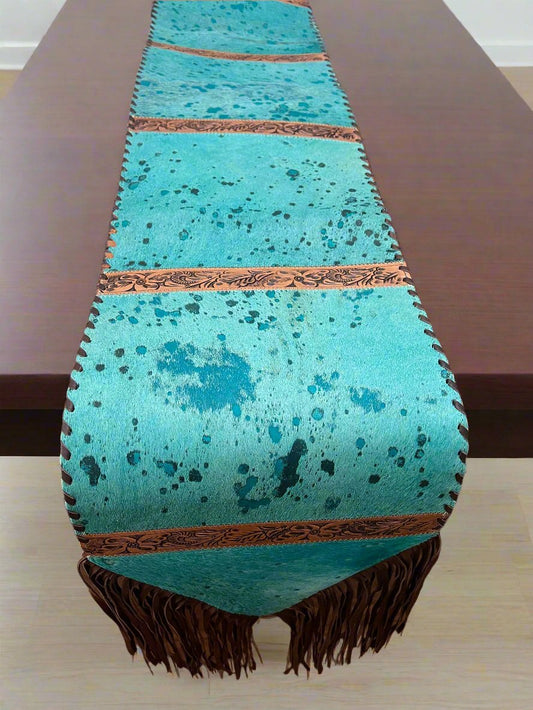 Turquoise & Tooled Cowhide Table Runner