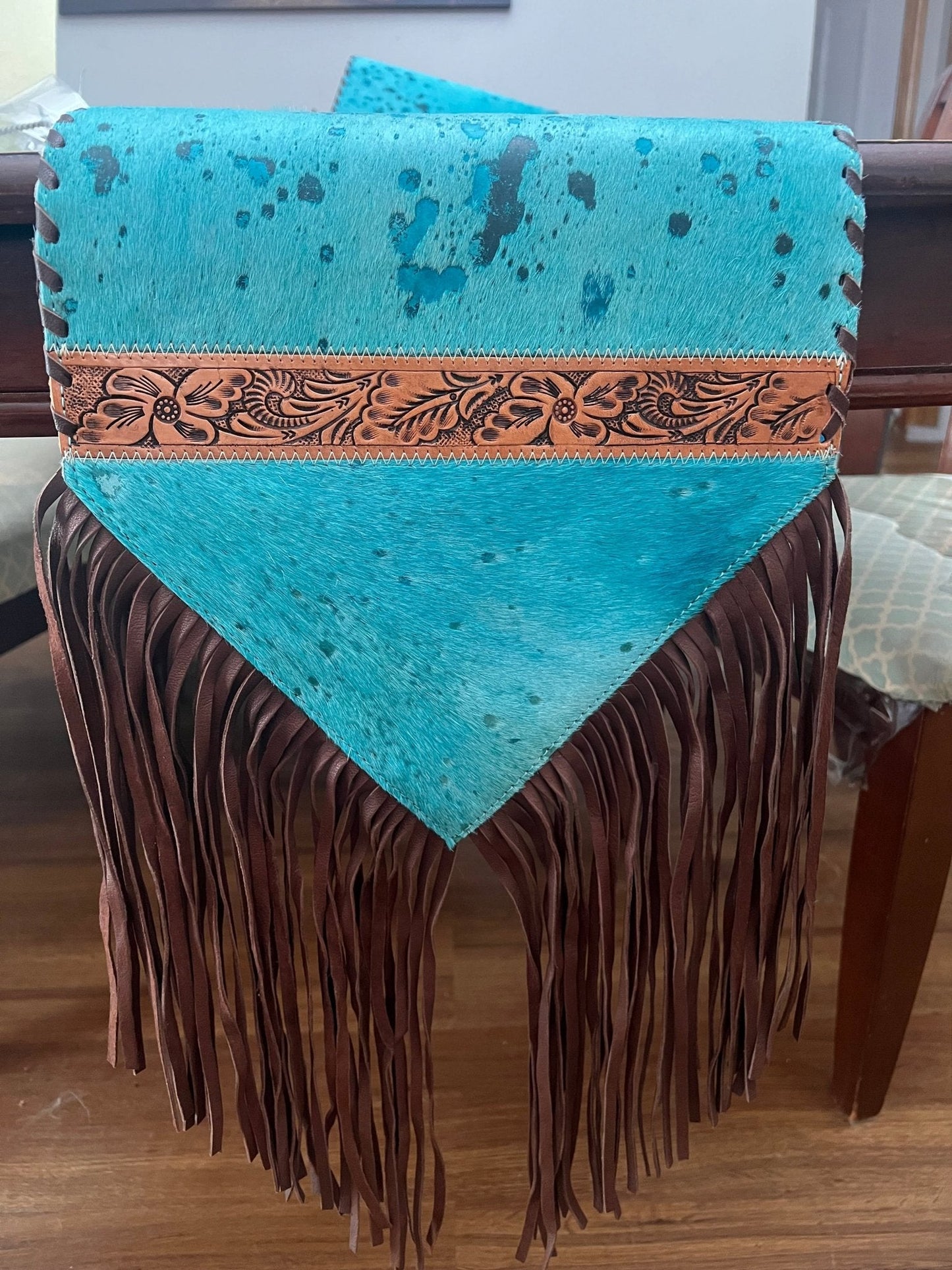 Turquoise & Tooled Cowhide Table Runner