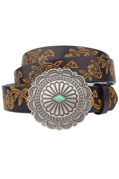 Western Concho Buckle Belt — Hand-Painted Leather with Faux Turquoise Center
