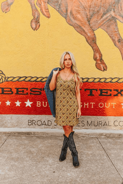 Wild West Horse Print Tank Dress – Tan Western Spaghetti Strap