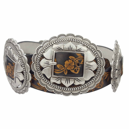 Western Oval Floral Concho Belt hand painted tooled belt