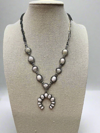 White Stone Faux Squash Blossom Necklace - 16 inch + 3