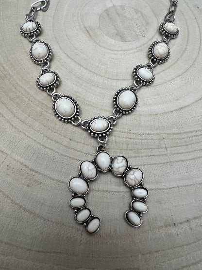 White Stone Faux Squash Blossom Necklace - 16 inch + 3